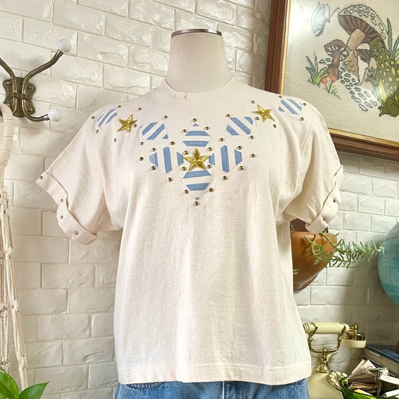 Vintage 1990s Nautical Striped + Stars Patchwork Studded Cropped T-Shirt - Picture 2 of 15